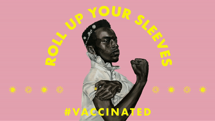 Gif of vaccinated man flexing his arm accompanied by the words roll up your sleeve, #vaccinated