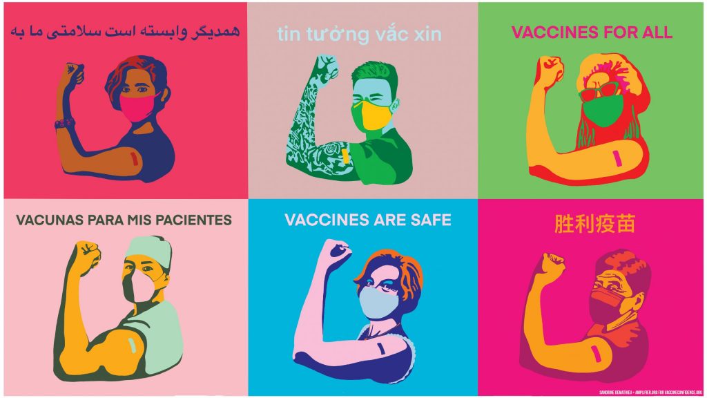 Digital poster created by Sandrine Demathieu featuring human rights activists, doctors, essential workers, religious leaders, and students of different ethnicities masked and flexing their arms with the words vaccines are safe translated in different languages