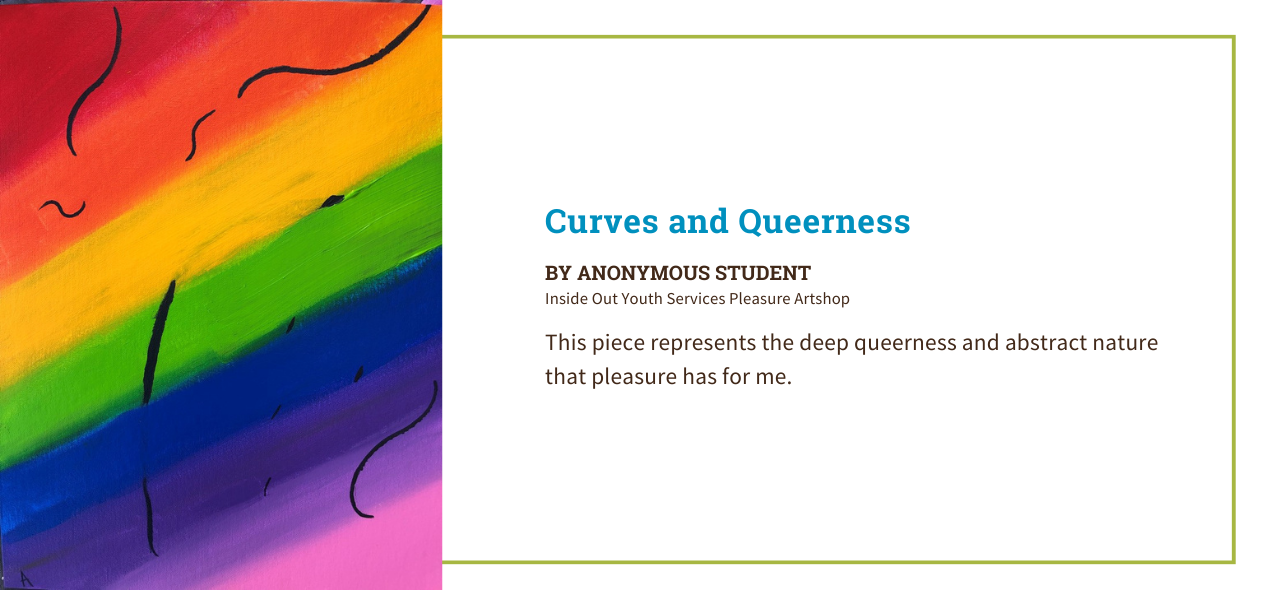 Student artwork by an anonymous artist at Inside Out Youth Services featuring a colorful striped rainbow with abstract black curves drawn throughout. The artist statement reads, "this piece represents the deep queerness and abstract nature that pleasure has for me."