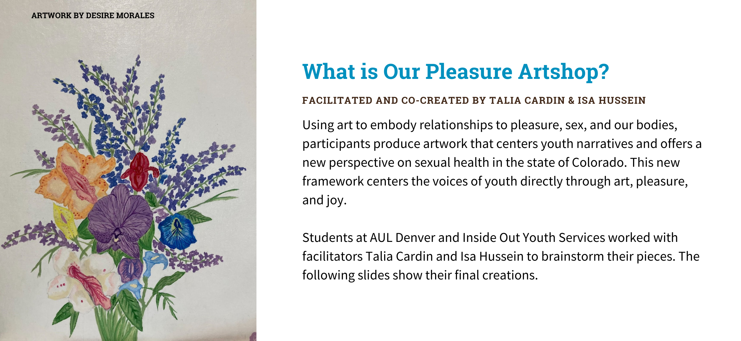 Using art to embody relationships to pleasure, sex, and our bodies, participants produce artwork that centers youth narratives and offers a new perspective on sexual health in the state of Colorado. This new framework centers the voices of youth directly through art, pleasure, and joy.