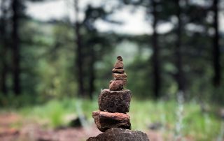 Stacked rocks form a cairn in a wooded forest.