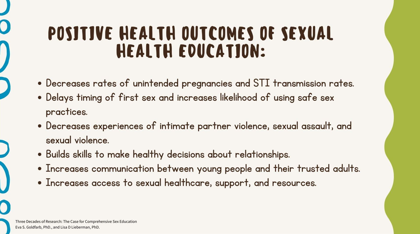 A slide from the Youth Sexual Health Program’s custom trainings and describes positive health outcomes of sexual health education.