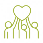 A green icon depicts three figures holding up a heart.